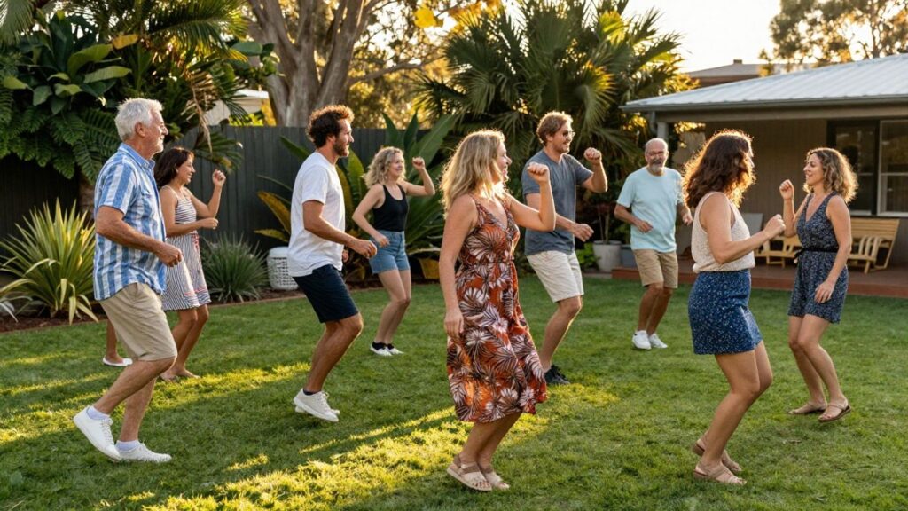 Aussies dancing joyfully in a sunny backyard.