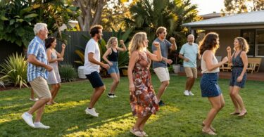 Aussies dancing joyfully in a sunny backyard.