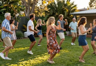 Aussies dancing joyfully in a sunny backyard.
