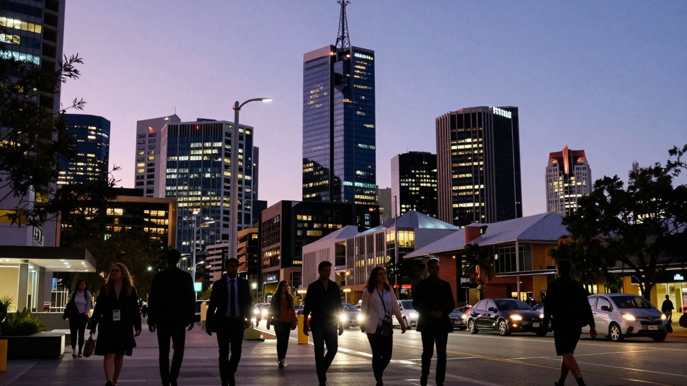 Adelaide cityscape at dusk, professionals walking below.