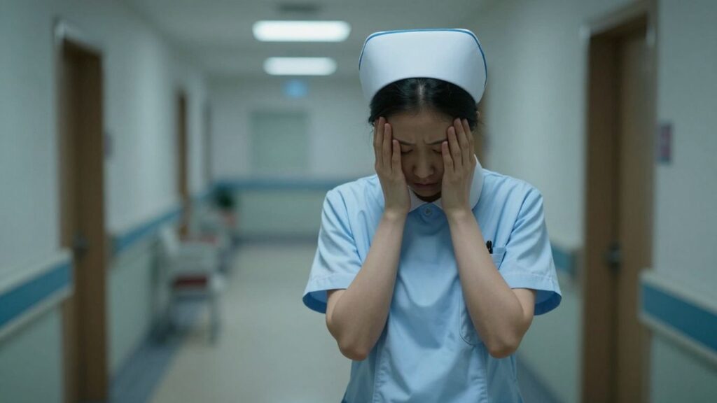Exhausted nurse in a dimly lit hospital corridor.
