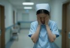 Exhausted nurse in a dimly lit hospital corridor.