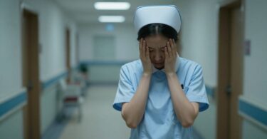 Exhausted nurse in a dimly lit hospital corridor.