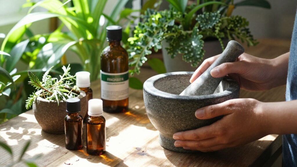 Person learning homeopathy with herbs and natural remedies.