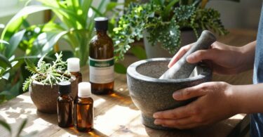 Person learning homeopathy with herbs and natural remedies.