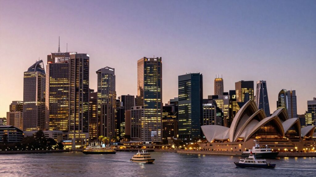 Australia's business skyline at dusk, harbour lights