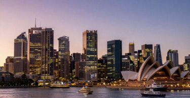Australia's business skyline at dusk, harbour lights