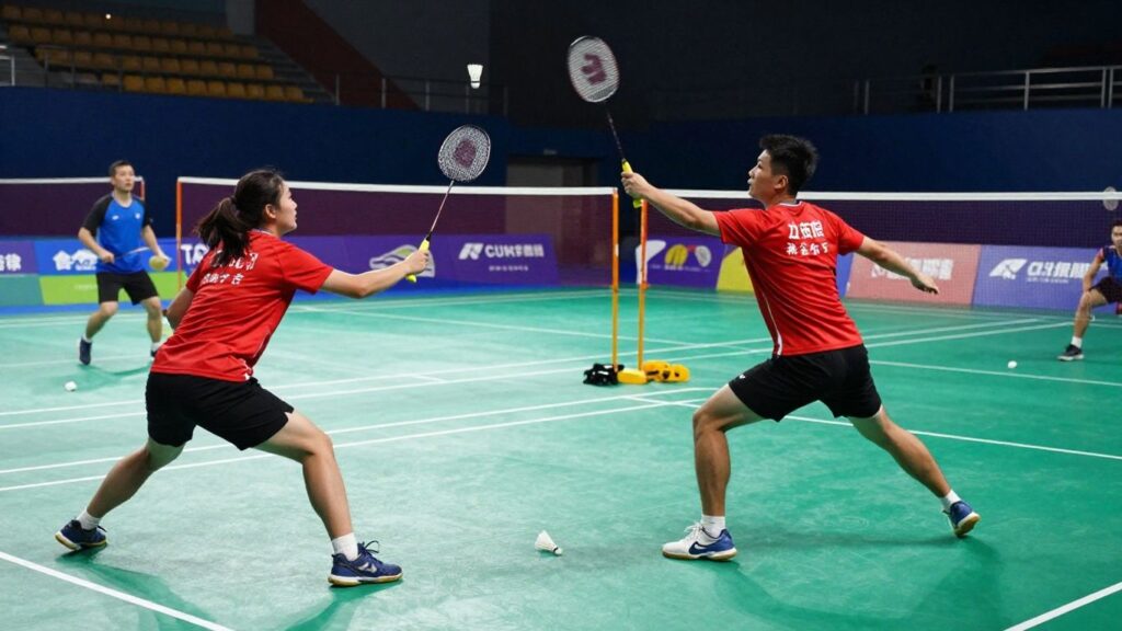 Badminton players in action on a court.