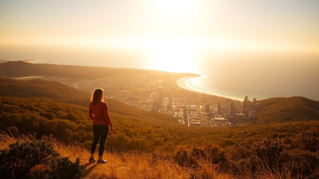 Australian business success with cityscape and ocean.