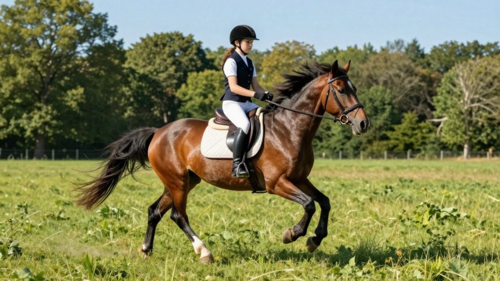 Young rider on pony galloping in field