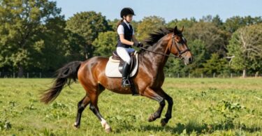 Young rider on pony galloping in field