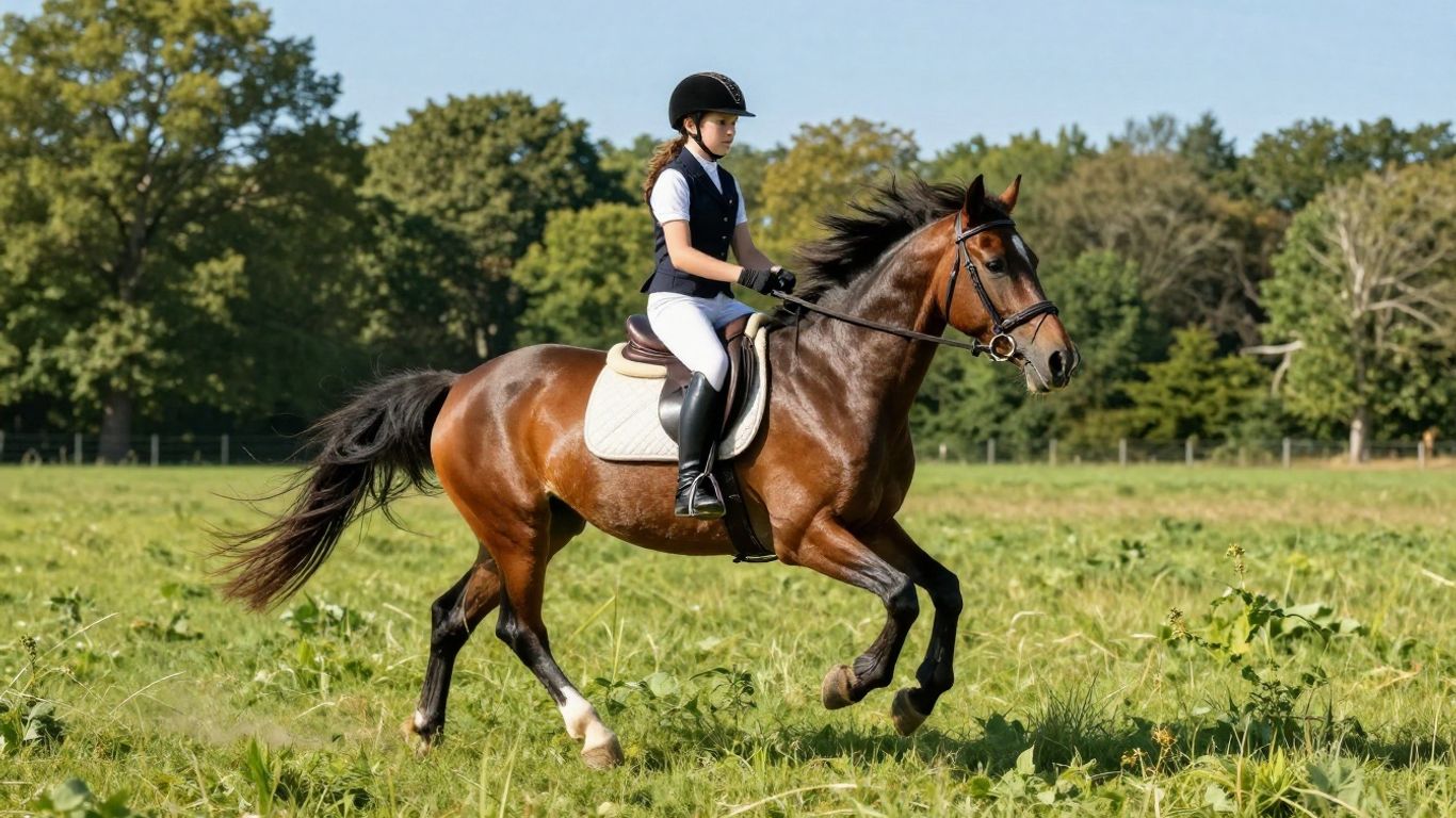 Young rider on pony galloping in field