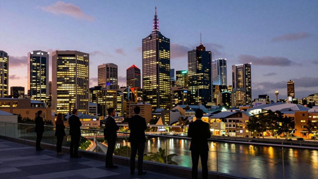Melbourne skyline at dusk with business professionals.