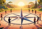 Australian business landscape with compass and people.