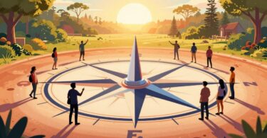Australian business landscape with compass and people.