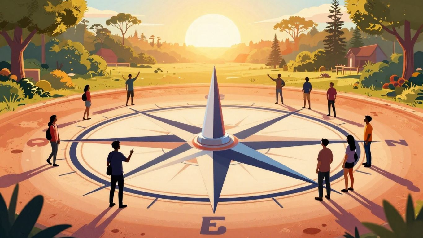 Australian business landscape with compass and people.
