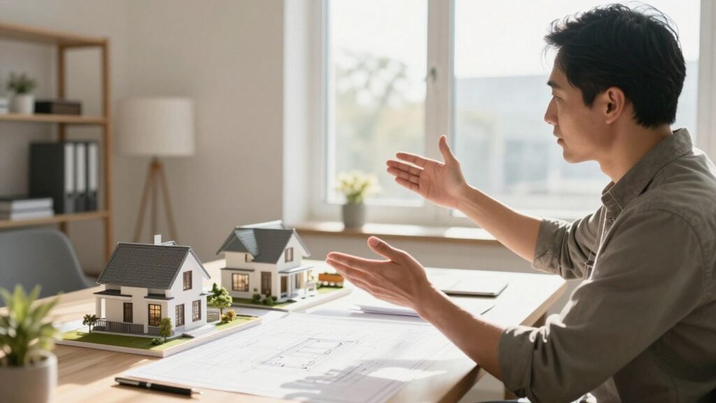 Consultant discussing property investment with blueprints.