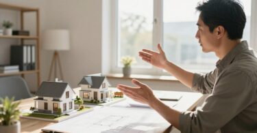 Consultant discussing property investment with blueprints.