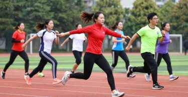 Active people in ONLY Sports Wear, dynamic outdoor sports scene.