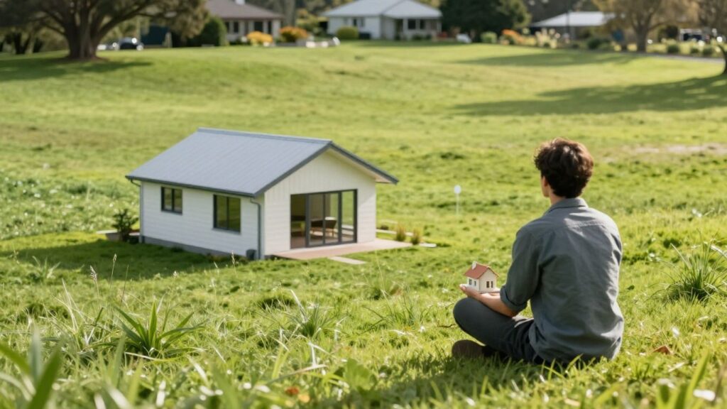 Person looking at a New Zealand house and landscape.