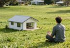 Person looking at a New Zealand house and landscape.
