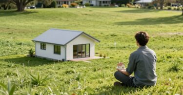 Person looking at a New Zealand house and landscape.