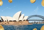 Australian landmarks with golden coins, financial growth.