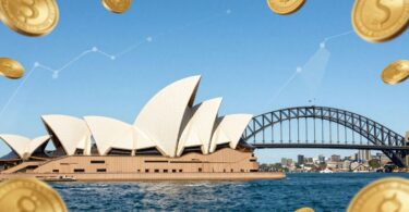 Australian landmarks with golden coins, financial growth.
