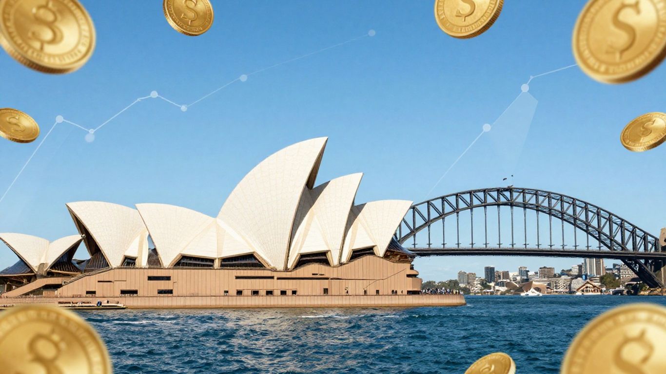 Australian landmarks with golden coins, financial growth.
