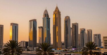 Dubai skyline at sunset with skyscrapers and palm trees.