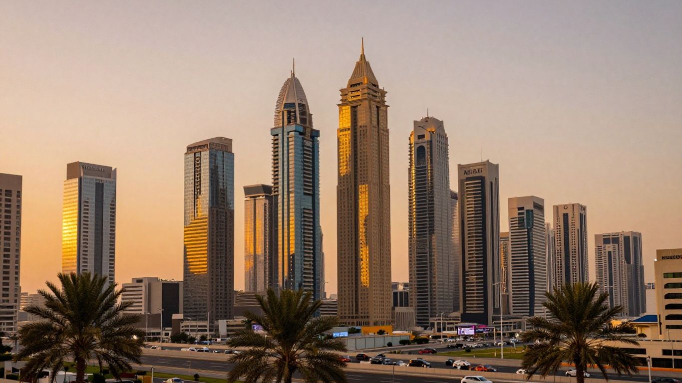 Dubai skyline at sunset with skyscrapers and palm trees.