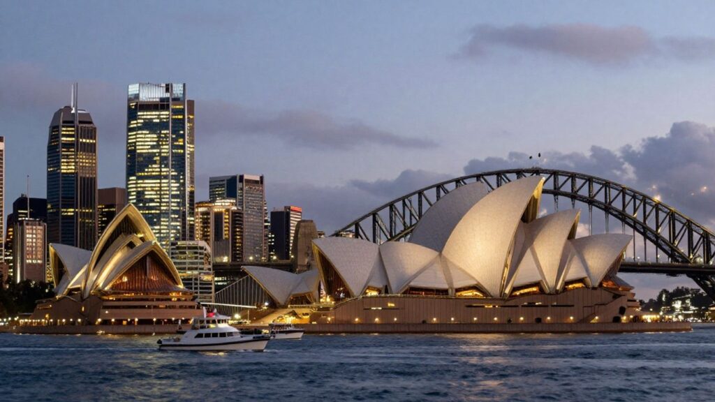 Sydney skyline at dusk with Opera House and Harbour Bridge.