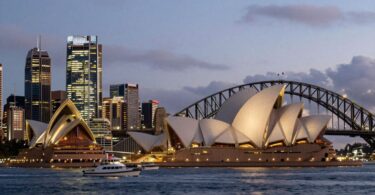 Sydney skyline at dusk with Opera House and Harbour Bridge.