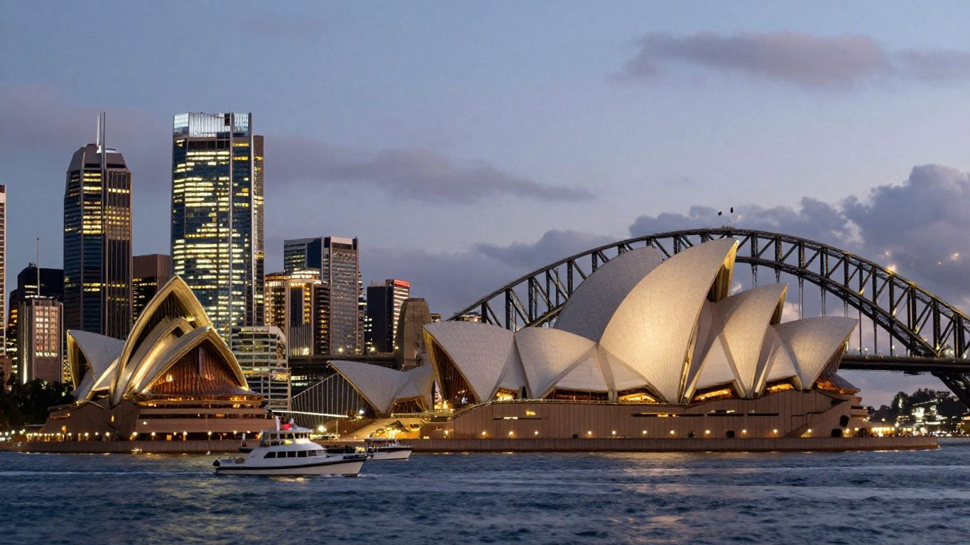 Sydney skyline at dusk with Opera House and Harbour Bridge.