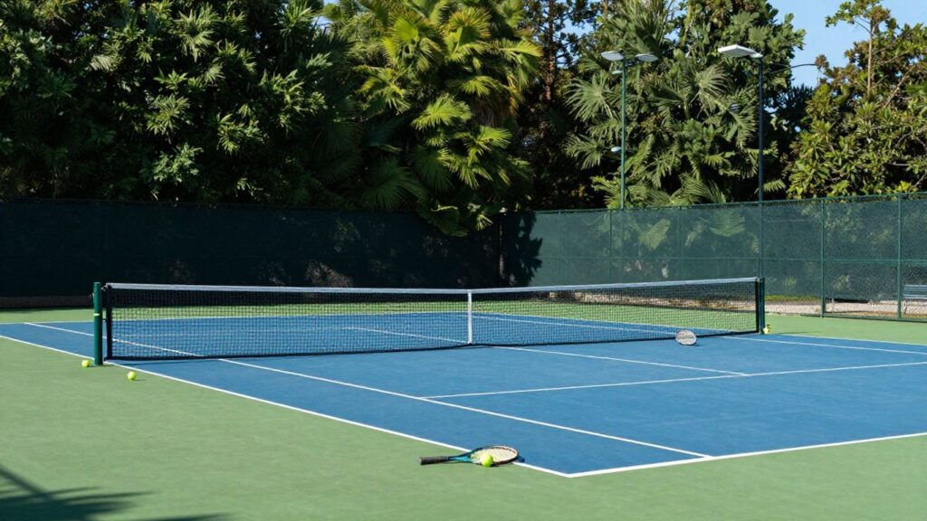 Tennis court at Discovery Park Tennis Club, rackets and balls.