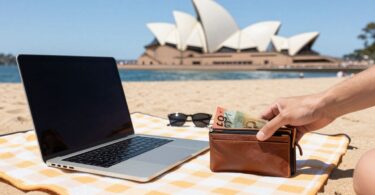 Earning money from home in Australia with beach backdrop.