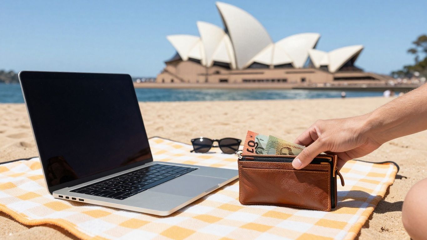 Earning money from home in Australia with beach backdrop.