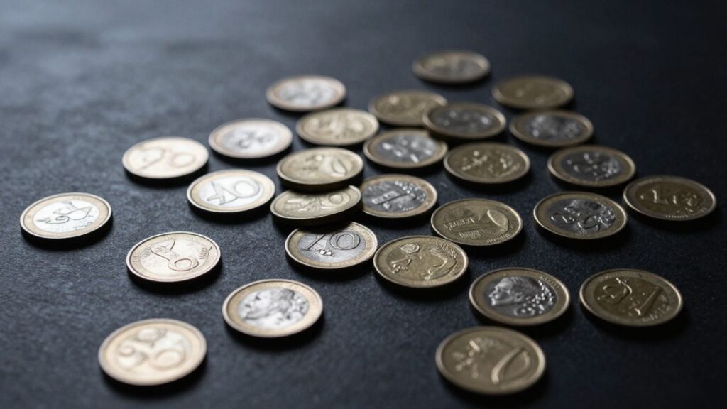 Australian cash rewards coins and banknotes scattered.