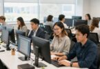 People working on laptops in modern Australian offices.