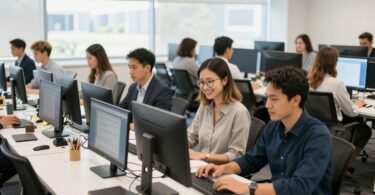 People working on laptops in modern Australian offices.