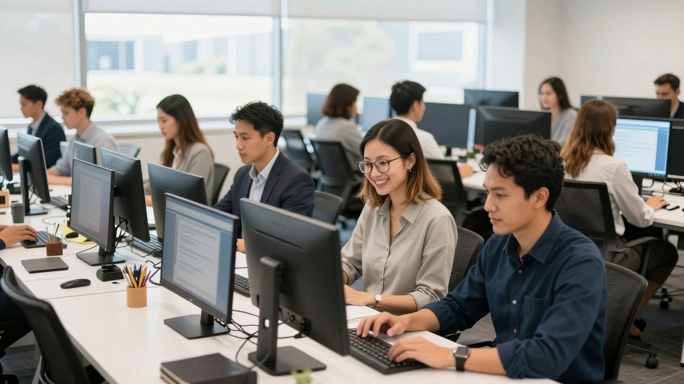People working on laptops in modern Australian offices.