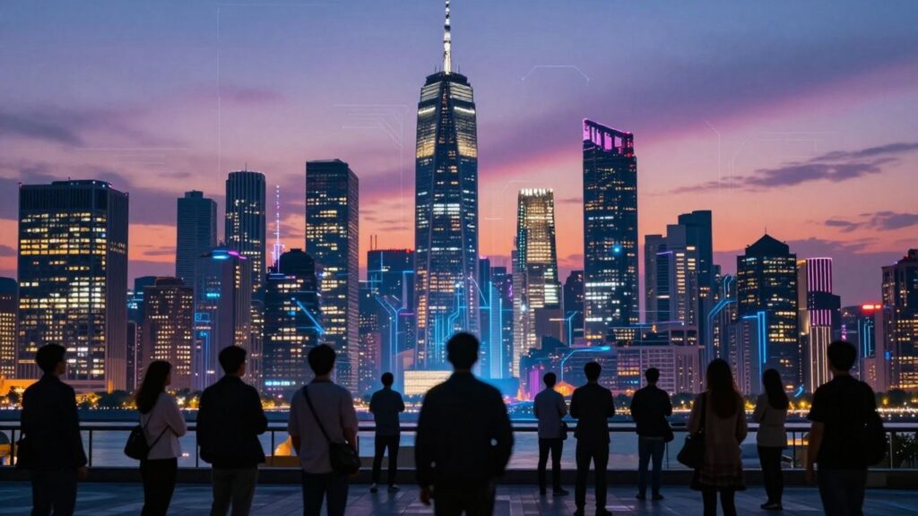 Australian tech startups skyline at dusk, innovation.