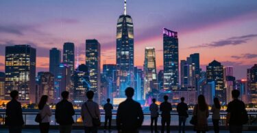 Australian tech startups skyline at dusk, innovation.