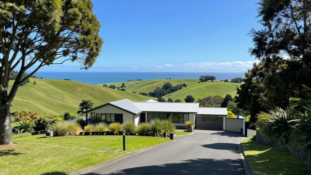 Modern house on green hills overlooking New Zealand coast.