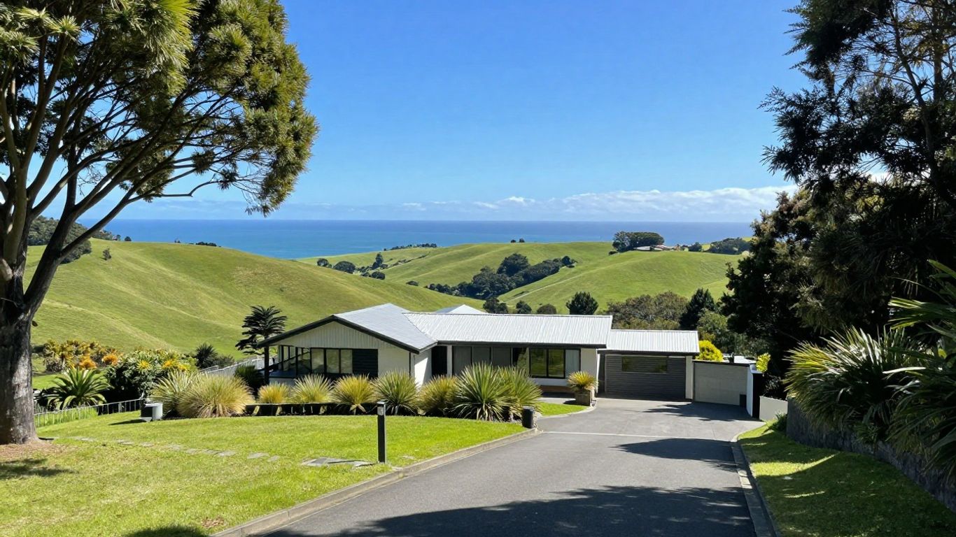 Modern house on green hills overlooking New Zealand coast.
