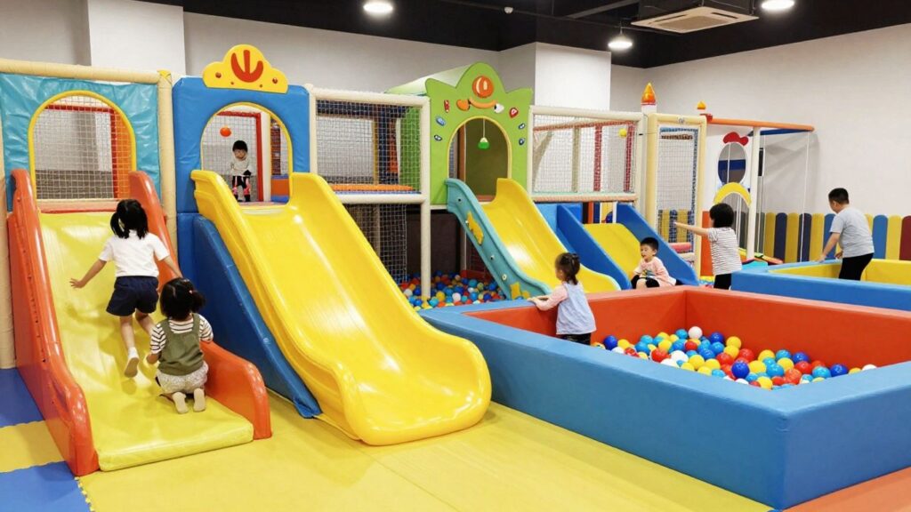 Kids playing in a colourful indoor playground.