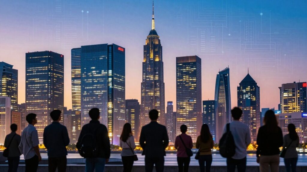 Australian tech startups skyline at dusk, innovation.