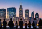 Australian tech startups skyline at dusk, innovation.