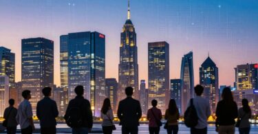 Australian tech startups skyline at dusk, innovation.