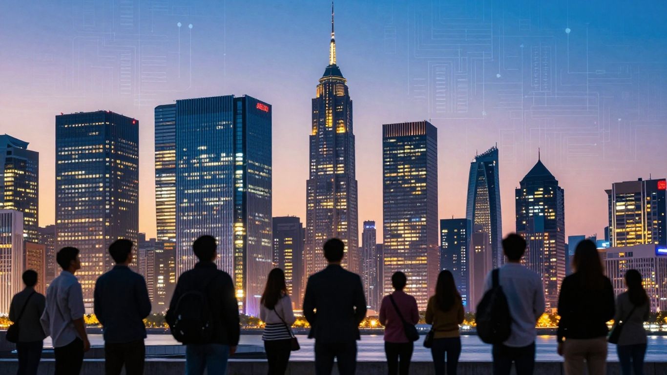 Australian tech startups skyline at dusk, innovation.
